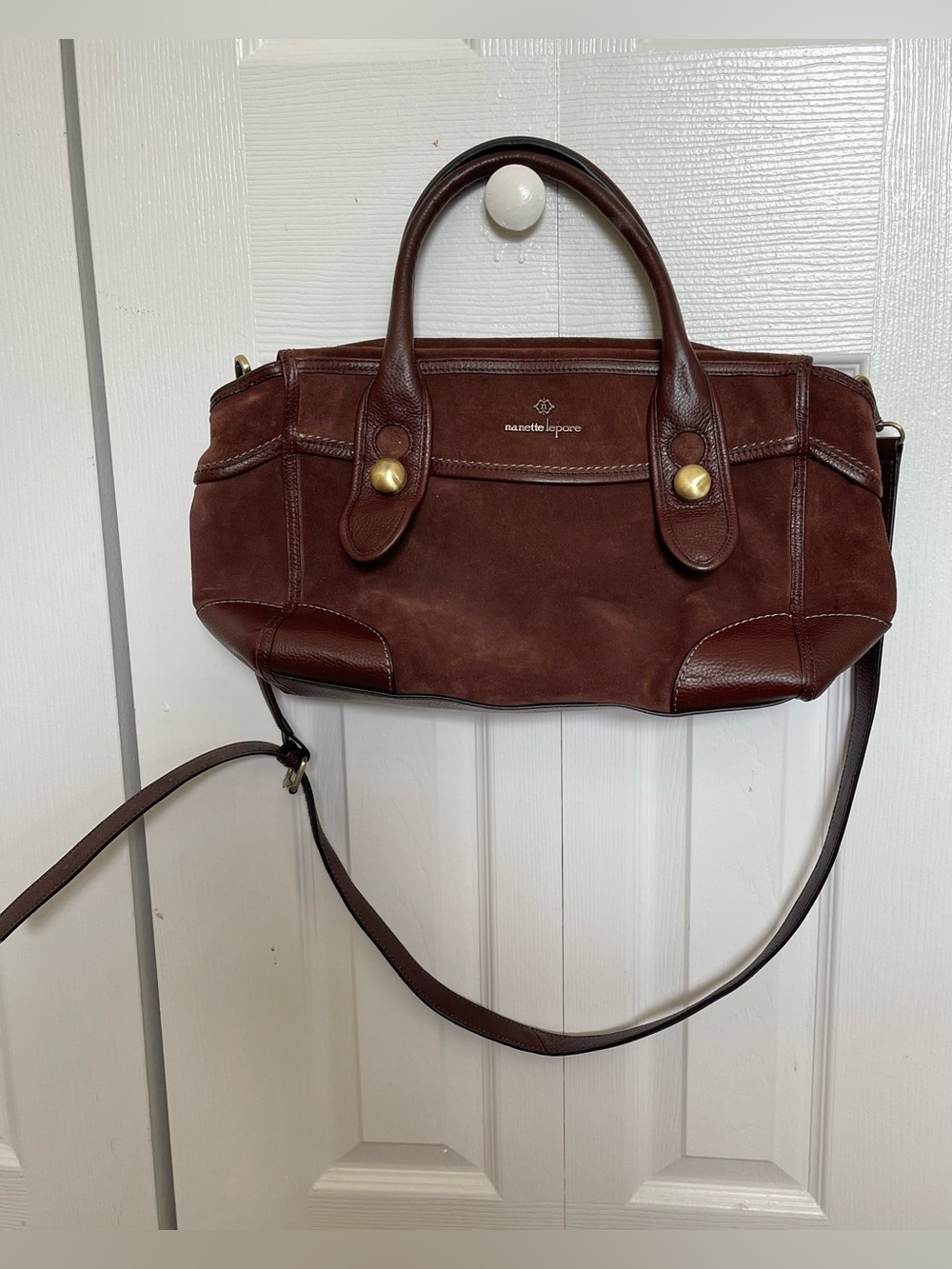 Nanette Lepore Dark Brown Leather & Suede Satchel with Gold Hardware